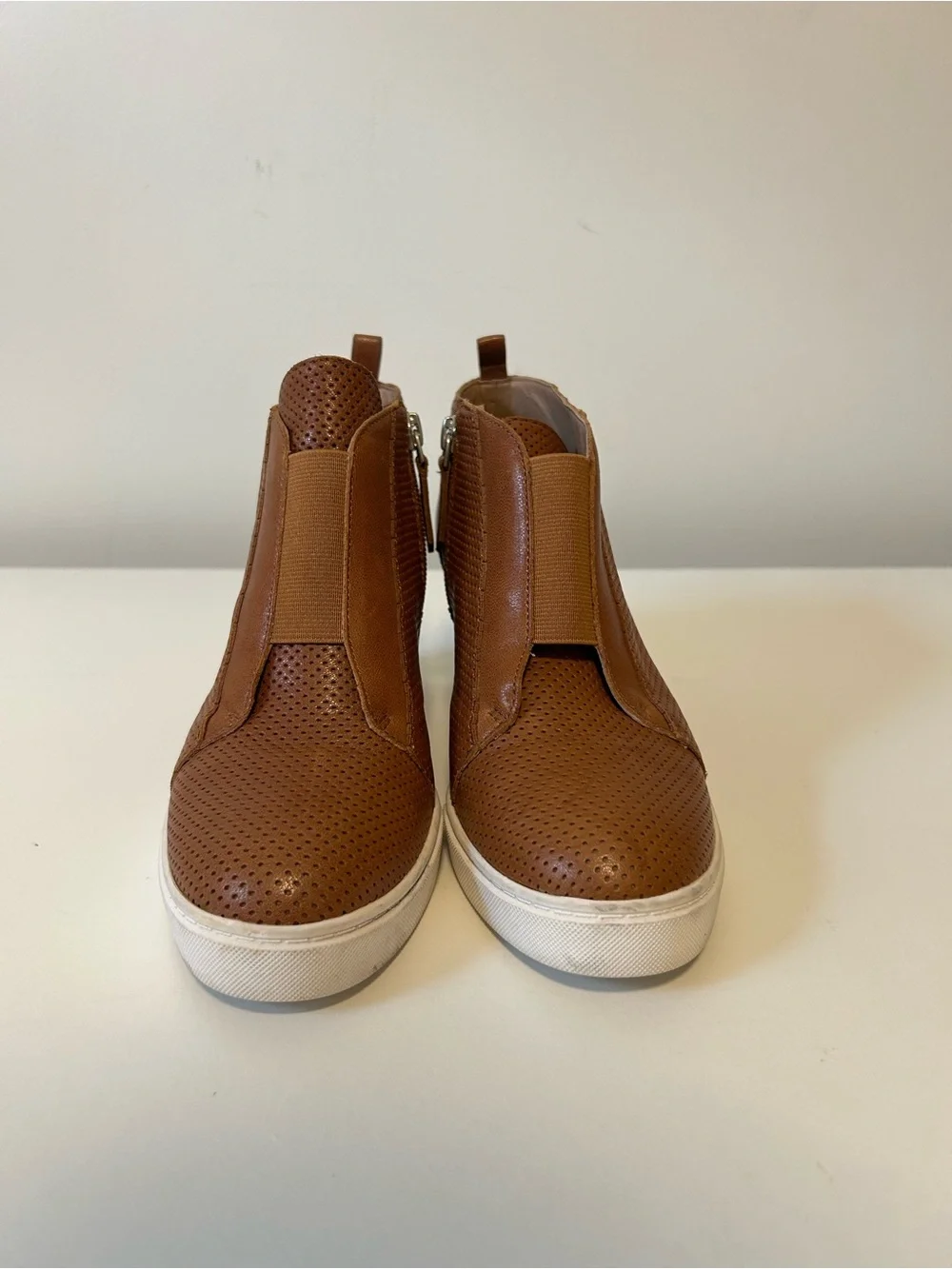 Paolo Perforated Wedge Slip-Ons in Cognac Brown